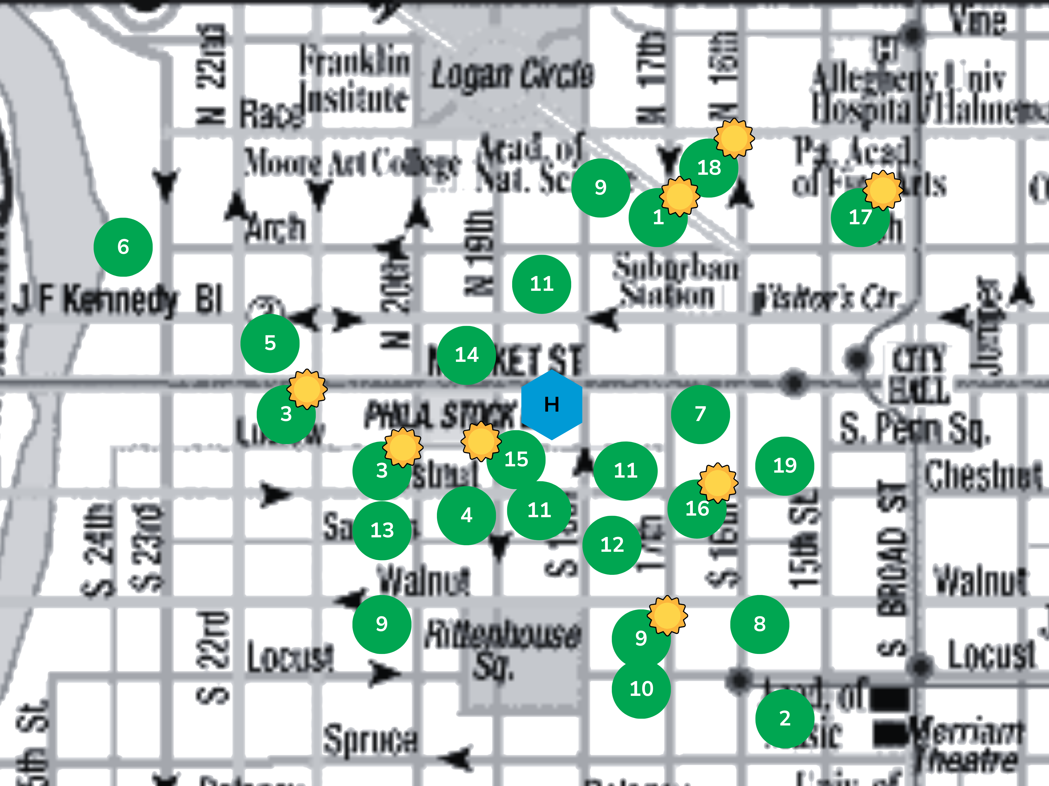 Map of Philadelphia around the Sonesta Rittenhouse Square hotel, with points of interest marked.