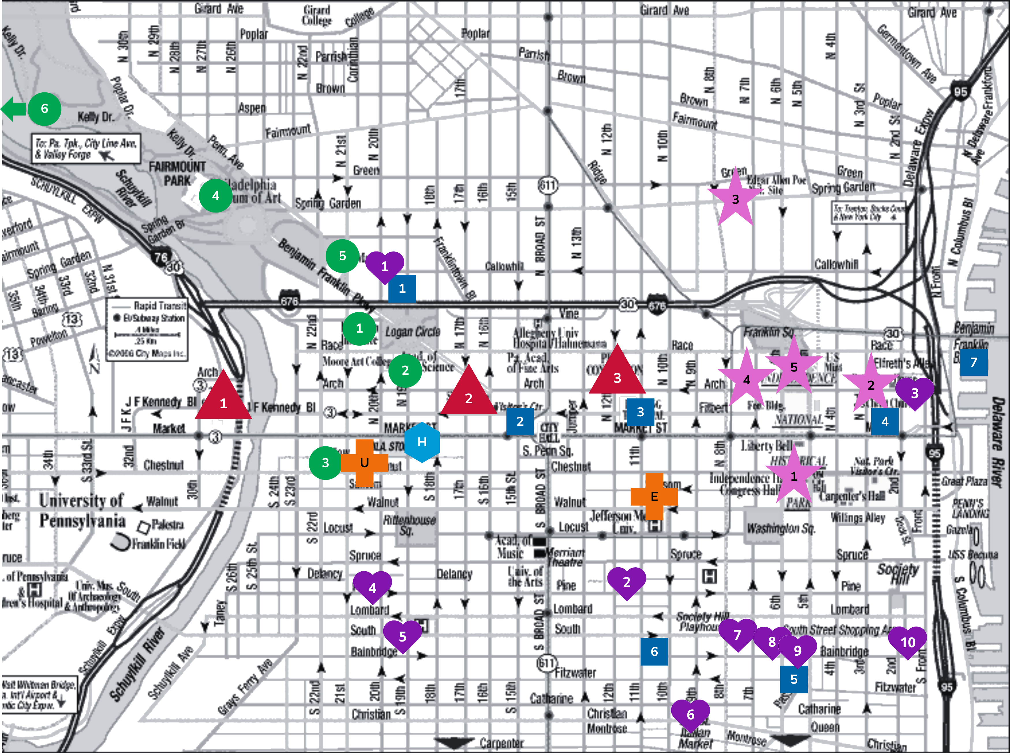 Map of Philadlephia between UPenn and I-95, between Grand Ave and Carpenter, with points of interest marked.